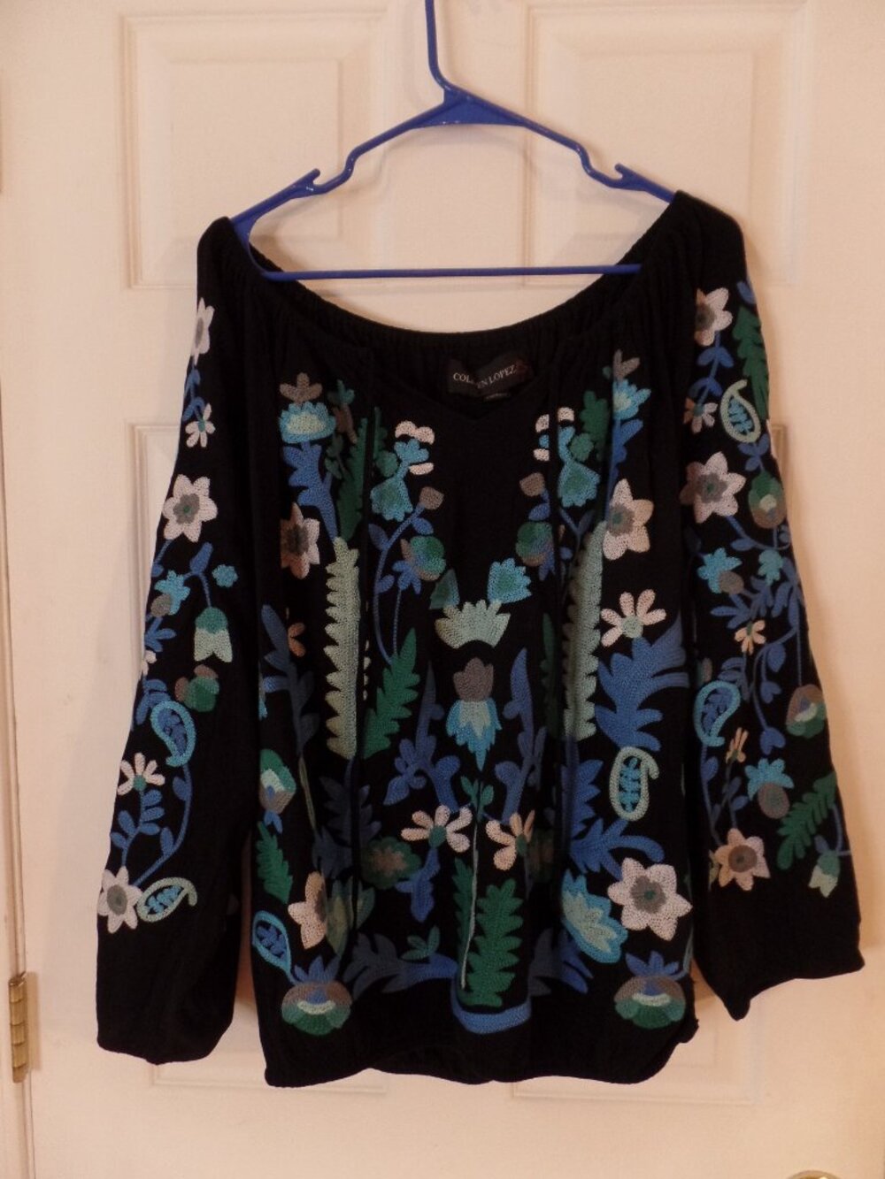 Colleen Lopez XL 16 18 Embroidered Folksy Peasant BLACK Floral Boho Banjara Top